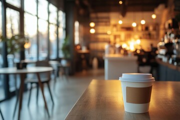 Contemporary coworking space with multiple workstations and a coffee bar, diagonal composition and warm artificial lighting