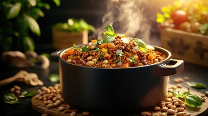 A Steaming Pot of Hearty Chili with Beans, Quinoa, and Vegetables Surrounded by Fresh Herbs and Scattered Beans in Warm Golden Light
