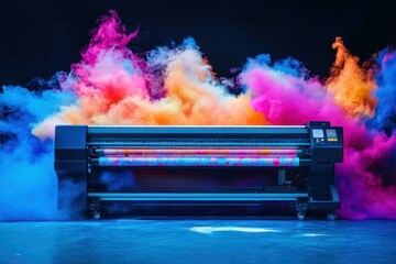Vibrant Color Smoke Around a Professional Printing Machine in an Artistic Studio Setting