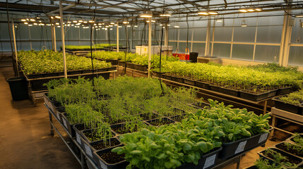 Professional hydroponic farm with large grow beds filled with vibrant vegetables and sustainable farming methods