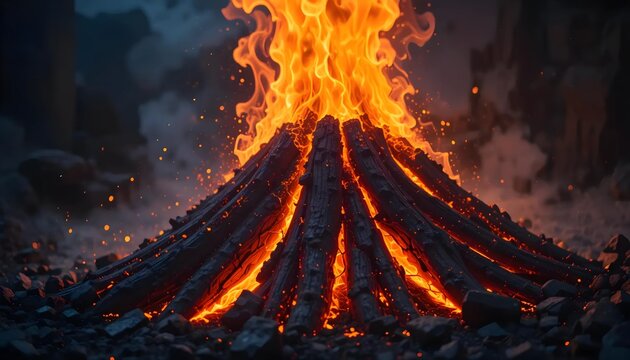 Intense Bonfire Burning at Night with Glowing Embers and Orange Flames