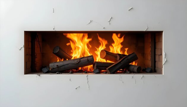Modern Rectangular Fireplace with Burning Fire and White Wall