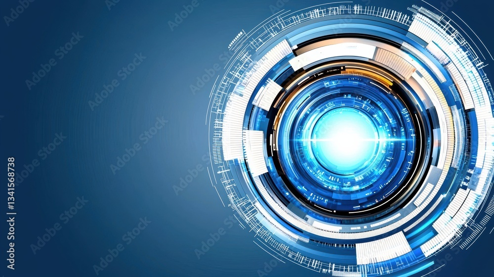 Poster A futuristic abstract design featuring a glowing blue element surrounded by intricate patterns, representing innovation and digital advancement.
