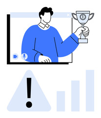 Person holding trophy on video call screen, exclamation mark warning triangle, rising bar graph. Ideal for achievement, online events, caution, productivity, progress, motivation digital