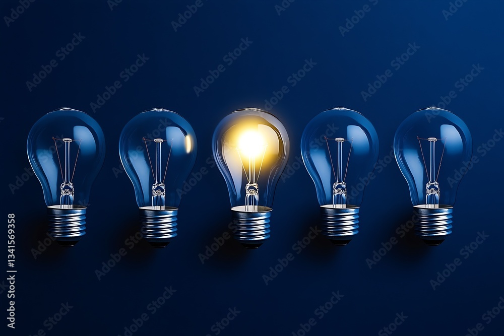 Poster shimmering light bulb marks unique presence amidst other conventional bulbs on blue backdrop : gener
