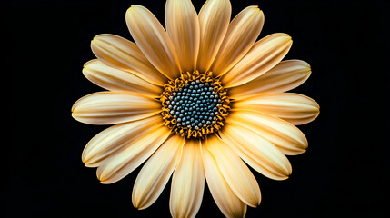 A macro shot of a yellow daisy with soft petals and a deep blue center, showcasing intricate floral textures.

