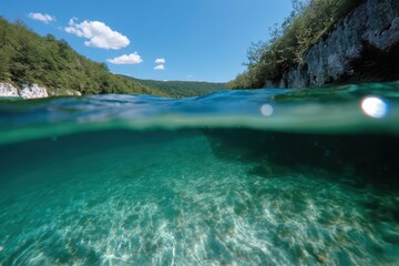 A mesmerizing underwater scene blending vibrant aquatic life with clear waters, showcasing the beauty of nature beneath a bright blue sky and lush greenery.