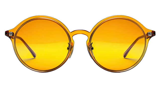 Round sunglasses with yellow frames and red legs protect your eyes from the summer sun.