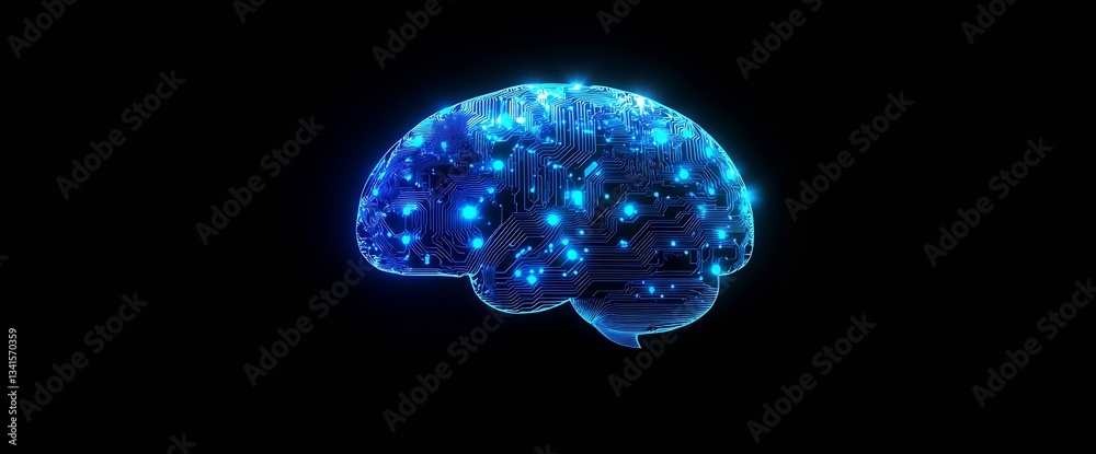 Poster Futuristic glowing brain model with digital circuits representing advanced technology and AI : Generative AI