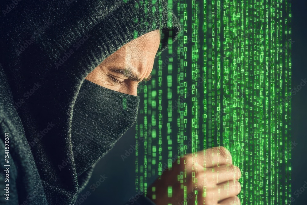 Poster A hacker in a dark hoodie, focusing on digital code, representing cybersecurity and the complexity of technology.