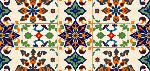 Geometric vector tile pattern featuring Spanish and Portuguese kitchen mosaic motifs, handmade, colorful