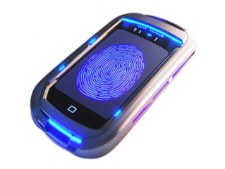 Futuristic Mobile Device with Advanced Fingerprint Scanner Illuminated by Blue LED Lights for Security and Authentication in Modern Technology