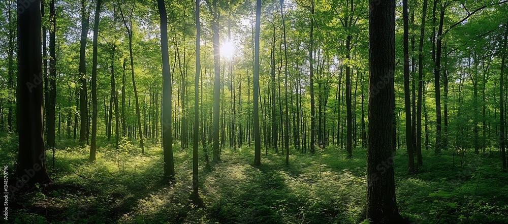 Leinwandbilder serene green forest scene illuminated by sunlight filtering through tall trees : generative ai