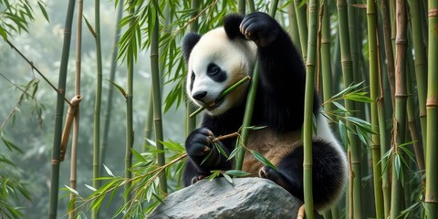 Fototapeta premium Giant panda consuming bamboo amidst misty bamboo forest, perched on rock, cute, habitat