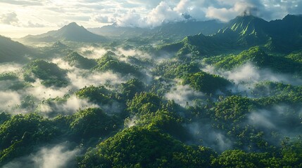 Obraz premium Dramatic view of Upolu Island's rugged volcanic mountains covered in dense rainforest with mist rising through the valleys at dawn captured with prime lens