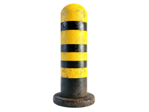 Yellow and Black Traffic Bollard with Rusty Base, Traffic Management, Safety Equipment in Urban Environment, Industrial Background, Street Infrastructure