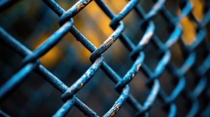 Close-up of weathered blue chain-link fence outdoors