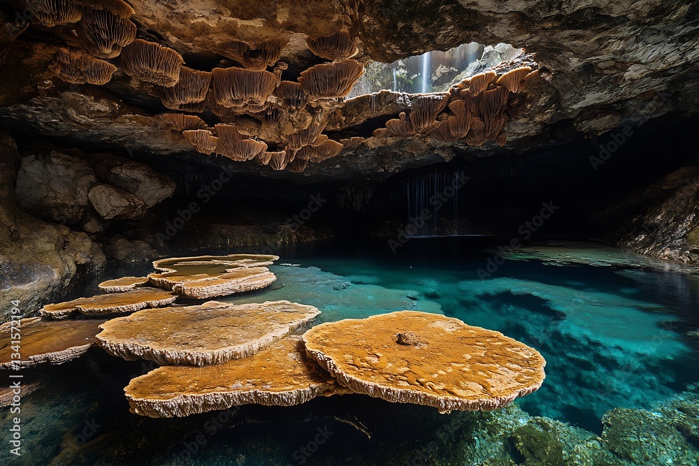 Poster breathtaking underground cave with glowing stalactites and serene water pool creating a mystical env