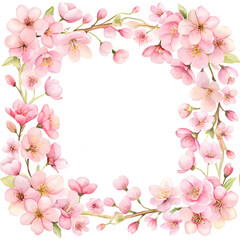 Naklejka premium Delicate airy square frame adorned with soft pink cherry blossoms, featuring gentle watercolor strokes for a tranquil Japanese-inspired floral border.