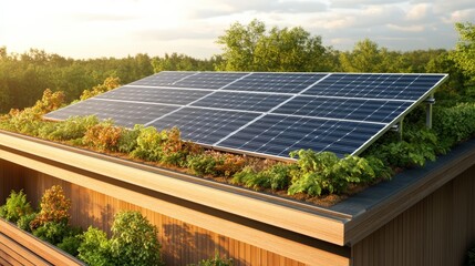 Modern wood-sided building with rooftop solar panels and lush green roof led in sun-dd forest landscape providing sustainable architecture style