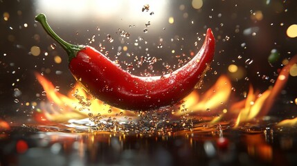 Red Hot Chili Pepper Suspended in Flames With Water Droplets, Studio Lighting, Vibrant Color Palette