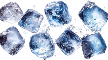 Obraz premium Melting ice cubes on a blue background with water drops and reflections