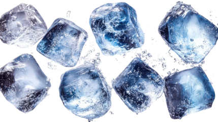 Melting ice cubes on a blue background with water drops and reflections