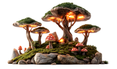 Enchanted Japanese Forest with Glowing Mushrooms and Unique Flora Isolate on Transparent Background, cutout, png