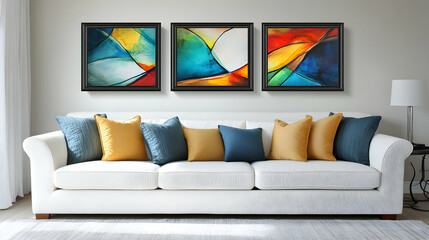 A stylish white sofa with three vibrant abstract paintings featuring fluid blue, red, and yellow hues on a neutral wall.

