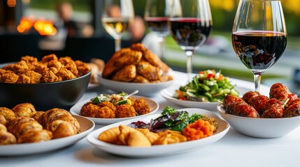 Obraz premium A Beautifully Arranged Table Displaying Assorted Appetizers Including Fried Chicken, Meatballs, Pastries, Salad, and Wine for a Feast Gathe