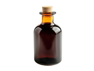 Glass bottle with cork stopper, amber color, perfect for essential oils, vintage style, medical uses, and homemade remedies in a clean background