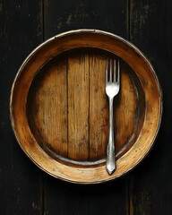 Fototapeta premium Rustic wooden plate with a single fork, set against a dark wooden background. Overhead view. Simple, minimalist composition