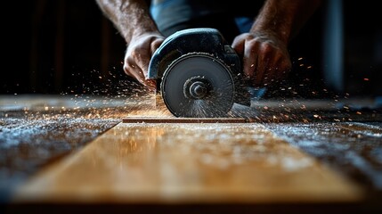 A carpenter cutting intricate cabinet joints with a biscuit joiner tool, ensuring perfect alignment for a seamless finish