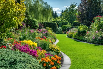 Obraz premium Colorful Flower Garden Pathway Surrounded by Lush Greenery Under Bright Blue Sky