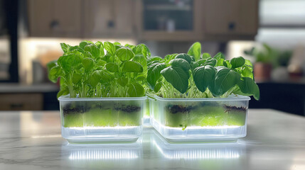 Sleek Minimalist Indoor Hydroponic System Featuring Fresh Basi Elements for Modern Eco-Friendly Culinary Design Innovation