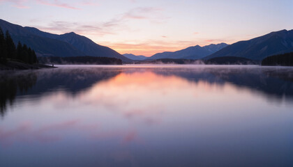 Fototapeta premium Serene mountain lake at sunrise with mist and reflections 