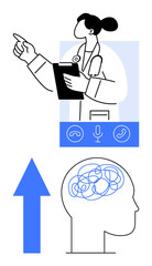 Obraz premium Doctor pointing while holding clipboard, blue video call icons, brain illustration with chaotic lines, and upward arrow. Ideal for telemedicine, mental health, virtual communication, online therapy
