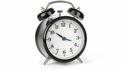 vintage alarm clock, metallic black, round face, white dial, arabic numerals, twin bells, reflective surface, retro design, isolated on white background, studio lighting, high contrast, detailed