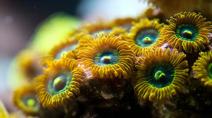 Obraz premium A macro shot of golden-orange coral polyps with striking blue-green centers, showcasing intricate marine textures.