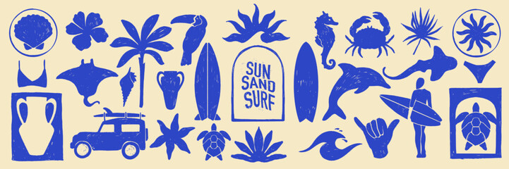 Summer surfboard icon set, vector hand drawn tropical ocean collection paradise vacation beach shape. Hawaii sea wave retro logotype, dolphin silhouette, abstract island symbol. Summer surfboard kit