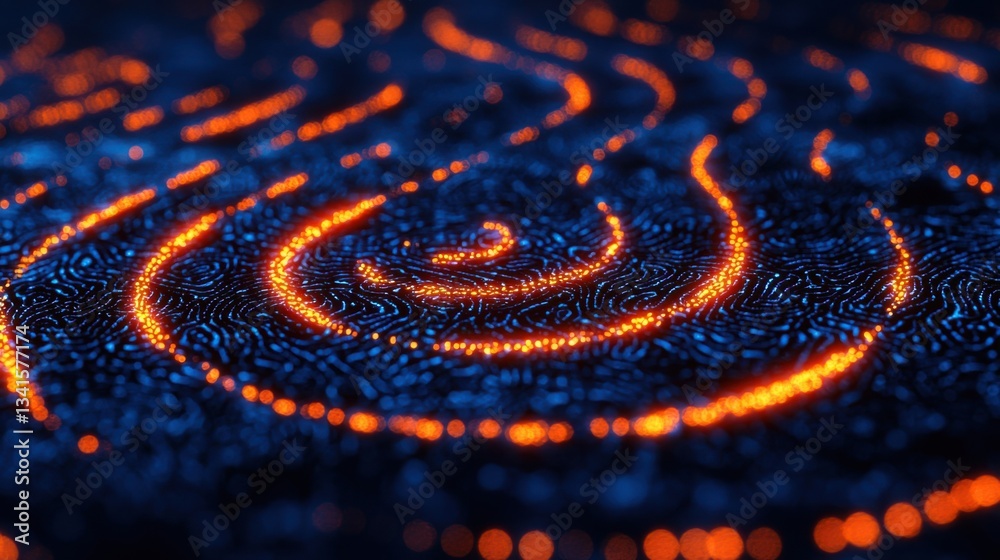 Poster unique spiral pattern illuminated by a bright red light representing biometric multi-layer authentic