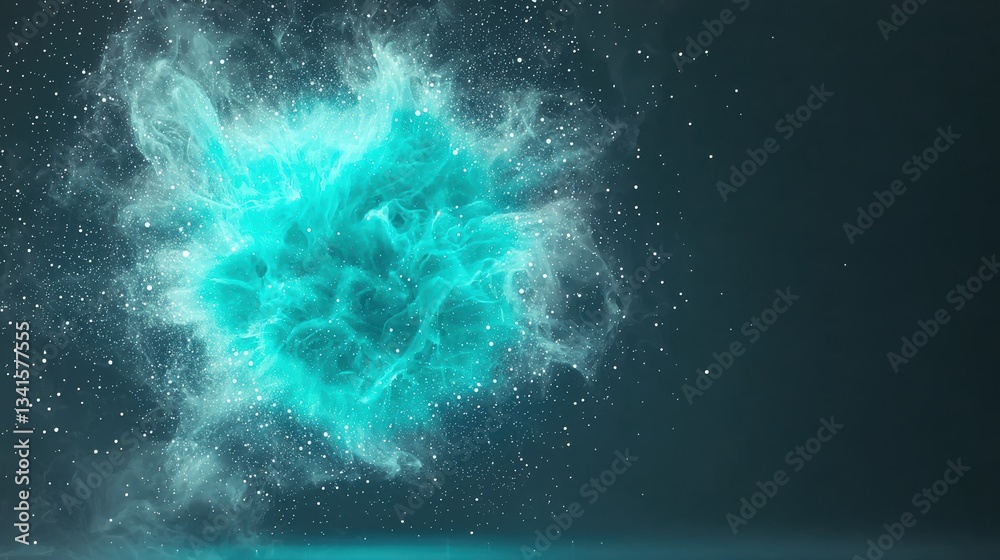 Poster a stunning visual of vibrant blue-green smoke and particles floating in a dark space, creating an et