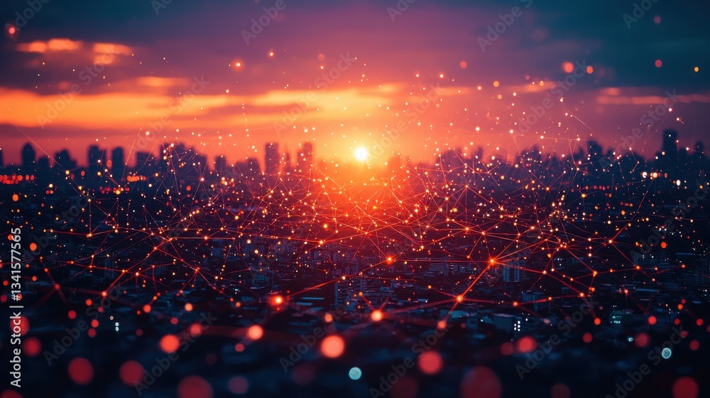 Poster aerial view of a cityscape highlighting a network of connected lines for blockchain-authenticated pu