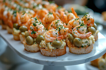Shrimp and olive appetizers on toasted bread garnished with fresh parsley displayed on a marble serving platter.