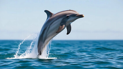 Fototapeta premium dolphins jumping out of the water, one swimming, in a vibrant blue ocean