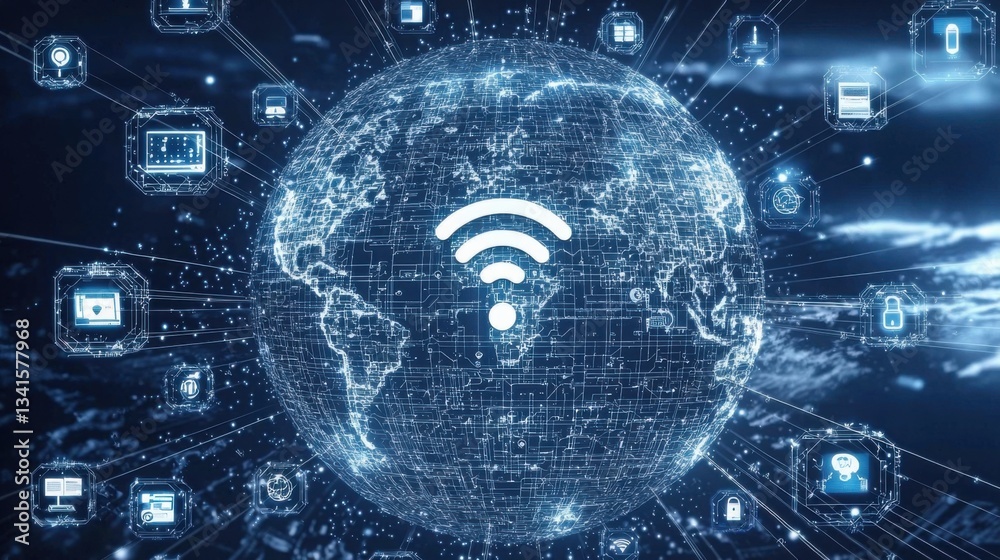 Poster conceptual head image featuring wifi connection symbol in the center to represent blockchain-powered