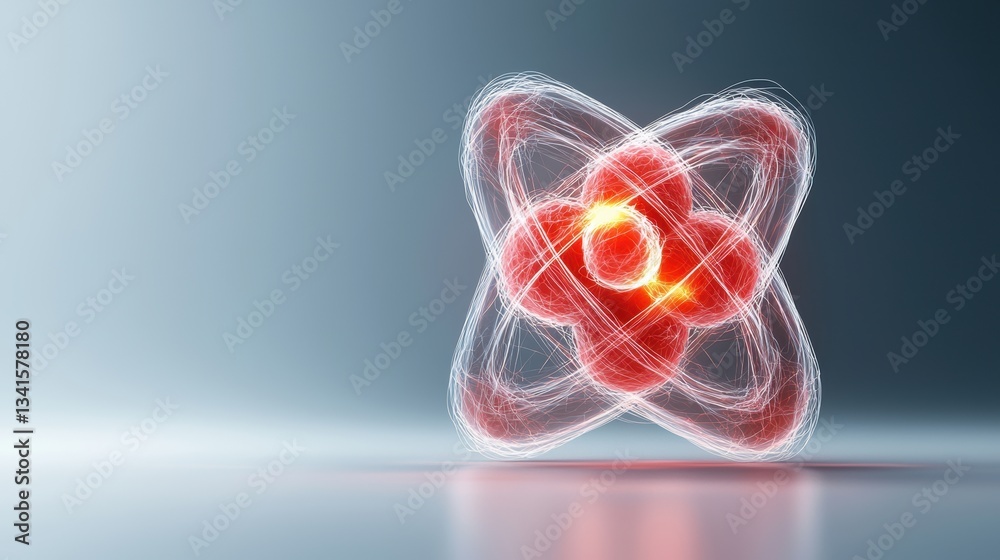 Poster A vibrant 3D illustration of an atom, showcasing its structure with detailed electron orbits and a glowing nucleus.