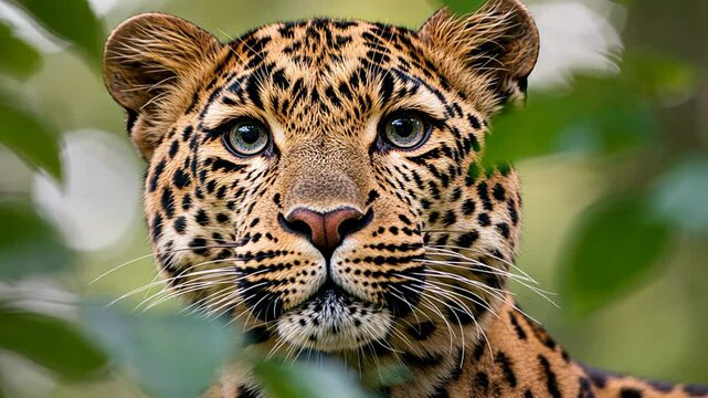Majestic leopard gazes intensely through lush green foliage, showcasing its stunning coat