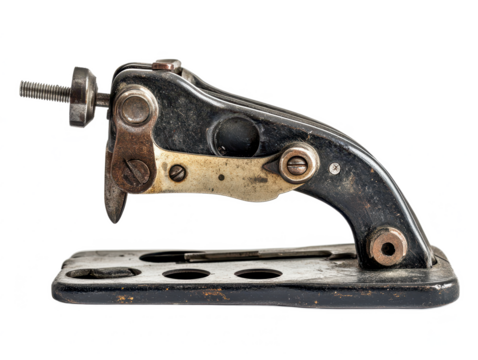 Vintage leather craft tool with intricate design and metallic structure, ideal for historical or artisanal themes in photography and design projects