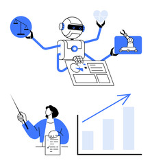 Robot holding balance, heart, robotic arm, managing dashboard teacher pointing to a graph. Ideal for AI, automation, progress, education analytics innovation future workforce. Flat simple metaphor